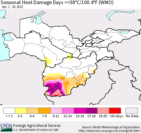 Central Asia Seasonal Heat Damage Days >=38°C/100°F (WMO) Thematic Map For 4/1/2022 - 4/30/2022