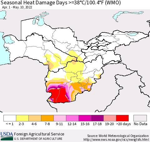 Central Asia Seasonal Heat Damage Days >=38°C/100°F (WMO) Thematic Map For 4/1/2022 - 5/10/2022