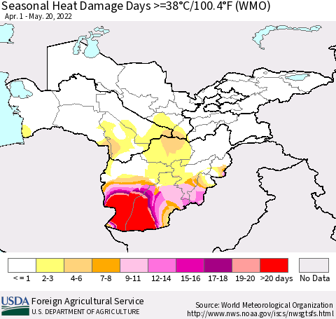 Central Asia Seasonal Heat Damage Days >=38°C/100°F (WMO) Thematic Map For 4/1/2022 - 5/20/2022