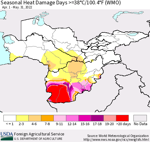 Central Asia Seasonal Heat Damage Days >=38°C/100°F (WMO) Thematic Map For 4/1/2022 - 5/31/2022
