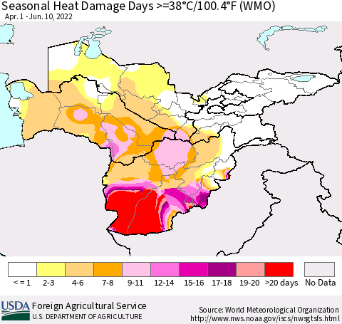 Central Asia Seasonal Heat Damage Days >=38°C/100°F (WMO) Thematic Map For 4/1/2022 - 6/10/2022