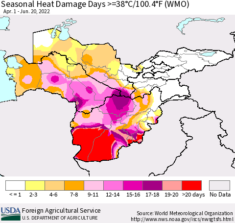 Central Asia Seasonal Heat Damage Days >=38°C/100°F (WMO) Thematic Map For 4/1/2022 - 6/20/2022