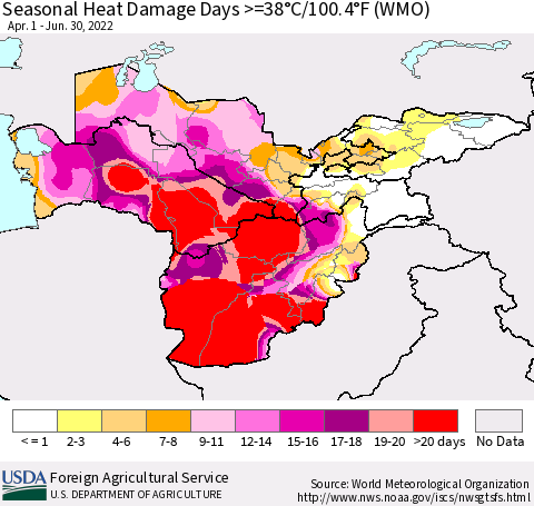 Central Asia Seasonal Heat Damage Days >=38°C/100°F (WMO) Thematic Map For 4/1/2022 - 6/30/2022