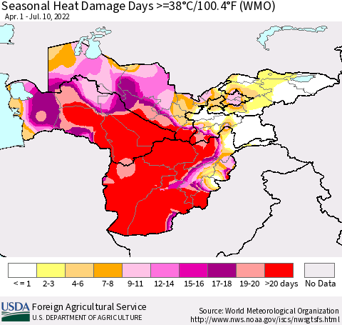 Central Asia Seasonal Heat Damage Days >=38°C/100°F (WMO) Thematic Map For 4/1/2022 - 7/10/2022