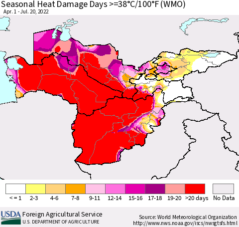 Central Asia Seasonal Heat Damage Days >=38°C/100°F (WMO) Thematic Map For 4/1/2022 - 7/20/2022