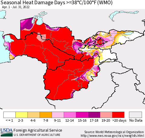 Central Asia Seasonal Heat Damage Days >=38°C/100°F (WMO) Thematic Map For 4/1/2022 - 7/31/2022