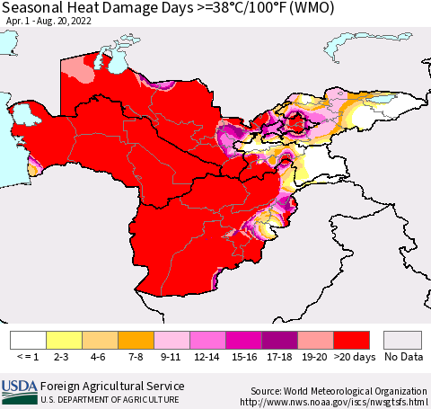 Central Asia Seasonal Heat Damage Days >=38°C/100°F (WMO) Thematic Map For 4/1/2022 - 8/20/2022