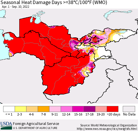 Central Asia Seasonal Heat Damage Days >=38°C/100°F (WMO) Thematic Map For 4/1/2022 - 9/10/2022