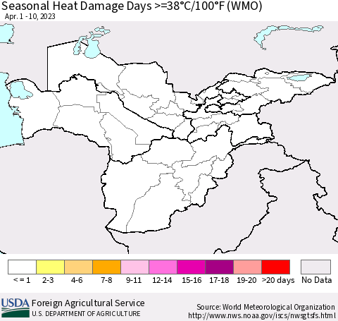 Central Asia Seasonal Heat Damage Days >=38°C/100°F (WMO) Thematic Map For 4/1/2023 - 4/10/2023