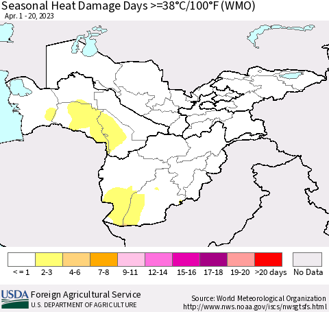 Central Asia Seasonal Heat Damage Days >=38°C/100°F (WMO) Thematic Map For 4/1/2023 - 4/20/2023