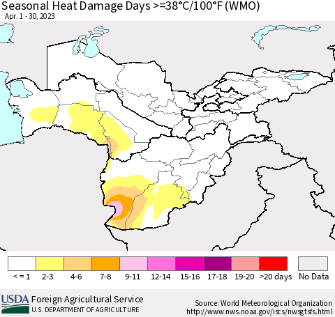 Central Asia Seasonal Heat Damage Days >=38°C/100°F (WMO) Thematic Map For 4/1/2023 - 4/30/2023