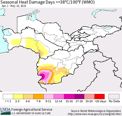 Central Asia Seasonal Heat Damage Days >=38°C/100°F (WMO) Thematic Map For 4/1/2023 - 5/10/2023