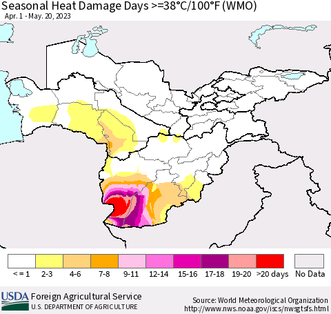 Central Asia Seasonal Heat Damage Days >=38°C/100°F (WMO) Thematic Map For 4/1/2023 - 5/20/2023