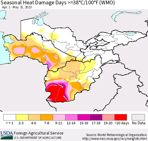 Central Asia Seasonal Heat Damage Days >=38°C/100°F (WMO) Thematic Map For 4/1/2023 - 5/31/2023