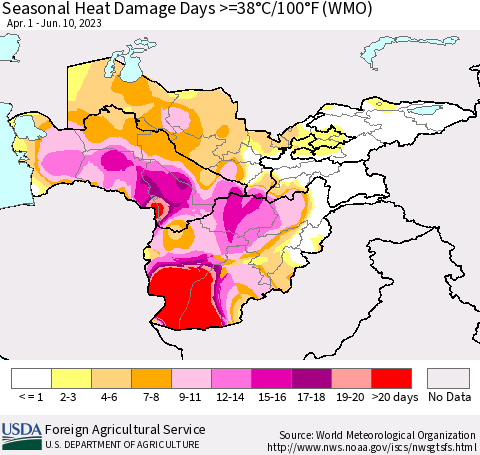 Central Asia Seasonal Heat Damage Days >=38°C/100°F (WMO) Thematic Map For 4/1/2023 - 6/10/2023