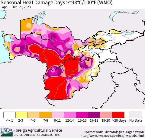 Central Asia Seasonal Heat Damage Days >=38°C/100°F (WMO) Thematic Map For 4/1/2023 - 6/20/2023