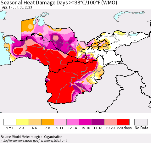 Central Asia Seasonal Heat Damage Days >=38°C/100°F (WMO) Thematic Map For 4/1/2023 - 6/30/2023