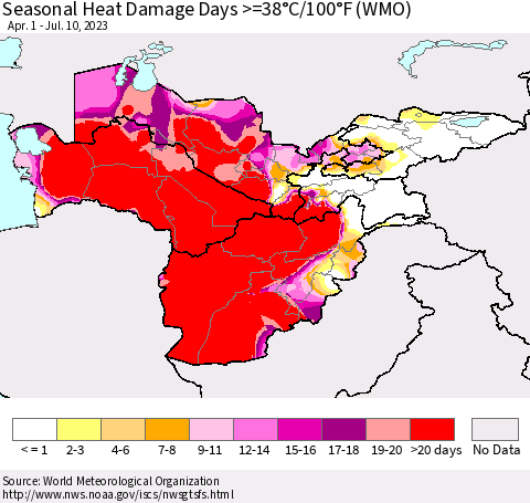 Central Asia Seasonal Heat Damage Days >=38°C/100°F (WMO) Thematic Map For 4/1/2023 - 7/10/2023