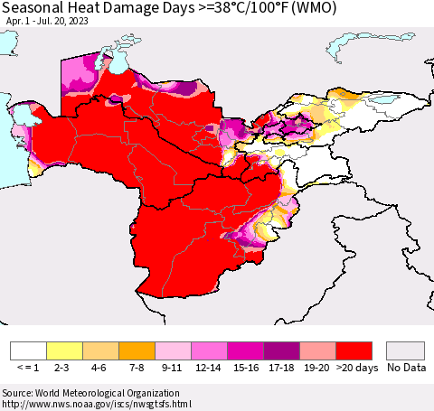 Central Asia Seasonal Heat Damage Days >=38°C/100°F (WMO) Thematic Map For 4/1/2023 - 7/20/2023
