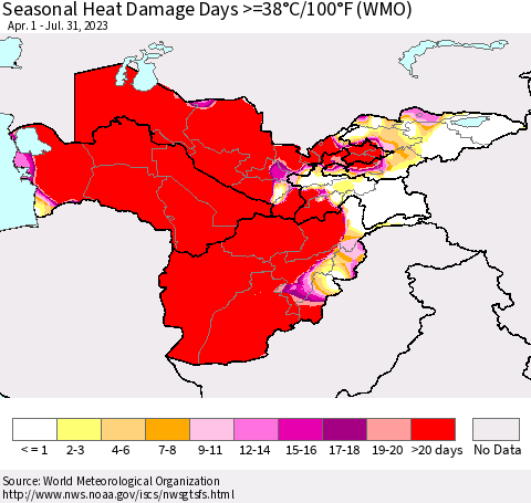 Central Asia Seasonal Heat Damage Days >=38°C/100°F (WMO) Thematic Map For 4/1/2023 - 7/31/2023