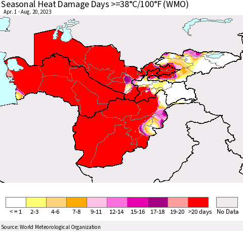 Central Asia Seasonal Heat Damage Days >=38°C/100°F (WMO) Thematic Map For 4/1/2023 - 8/20/2023