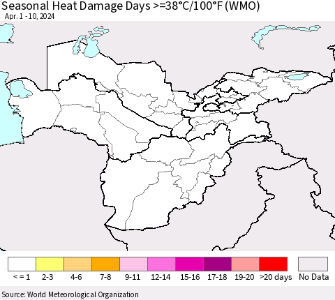Central Asia Seasonal Heat Damage Days >=38°C/100°F (WMO) Thematic Map For 4/1/2024 - 4/10/2024