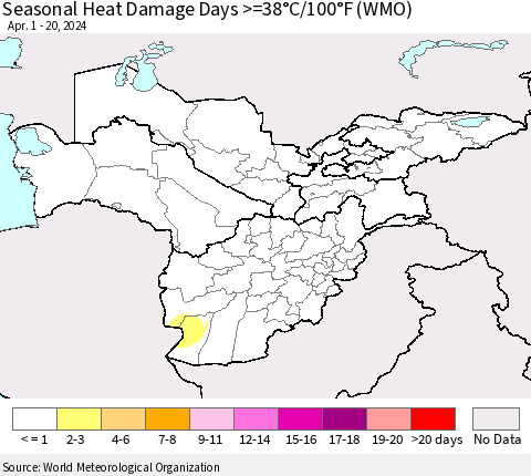 Central Asia Seasonal Heat Damage Days >=38°C/100°F (WMO) Thematic Map For 4/1/2024 - 4/20/2024