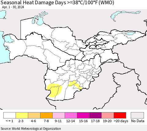 Central Asia Seasonal Heat Damage Days >=38°C/100°F (WMO) Thematic Map For 4/1/2024 - 4/30/2024