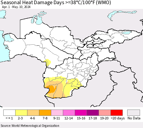 Central Asia Seasonal Heat Damage Days >=38°C/100°F (WMO) Thematic Map For 4/1/2024 - 5/10/2024