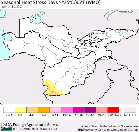 Central Asia Seasonal Heat Stress Days >=35°C/95°F (WMO) Thematic Map For 4/1/2021 - 4/10/2021