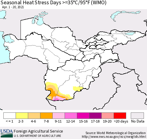 Central Asia Seasonal Heat Stress Days >=35°C/95°F (WMO) Thematic Map For 4/1/2021 - 4/20/2021