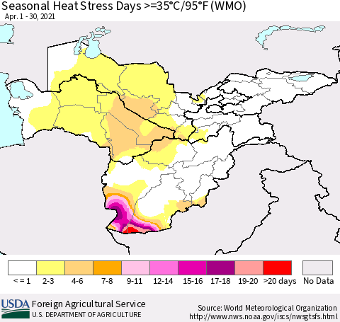 Central Asia Seasonal Heat Stress Days >=35°C/95°F (WMO) Thematic Map For 4/1/2021 - 4/30/2021