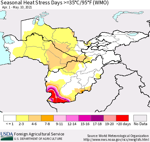 Central Asia Seasonal Heat Stress Days >=35°C/95°F (WMO) Thematic Map For 4/1/2021 - 5/10/2021