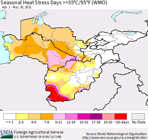 Central Asia Seasonal Heat Stress Days >=35°C/95°F (WMO) Thematic Map For 4/1/2021 - 5/20/2021
