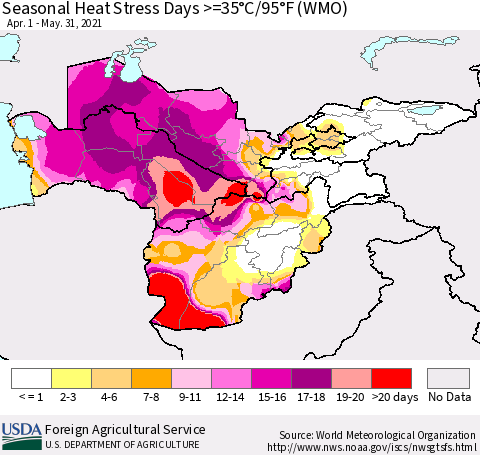 Central Asia Seasonal Heat Stress Days >=35°C/95°F (WMO) Thematic Map For 4/1/2021 - 5/31/2021