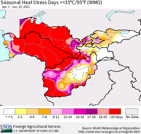 Central Asia Seasonal Heat Stress Days >=35°C/95°F (WMO) Thematic Map For 4/1/2021 - 6/10/2021
