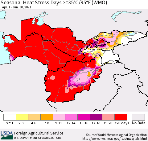 Central Asia Seasonal Heat Stress Days >=35°C/95°F (WMO) Thematic Map For 4/1/2021 - 6/30/2021
