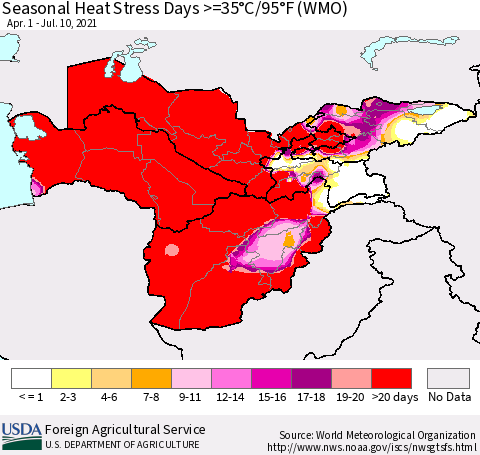 Central Asia Seasonal Heat Stress Days >=35°C/95°F (WMO) Thematic Map For 4/1/2021 - 7/10/2021