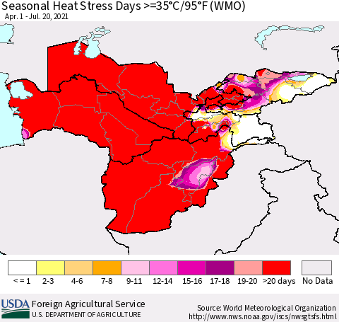 Central Asia Seasonal Heat Stress Days >=35°C/95°F (WMO) Thematic Map For 4/1/2021 - 7/20/2021