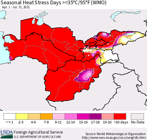 Central Asia Seasonal Heat Stress Days >=35°C/95°F (WMO) Thematic Map For 4/1/2021 - 7/31/2021