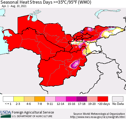 Central Asia Seasonal Heat Stress Days >=35°C/95°F (WMO) Thematic Map For 4/1/2021 - 8/10/2021