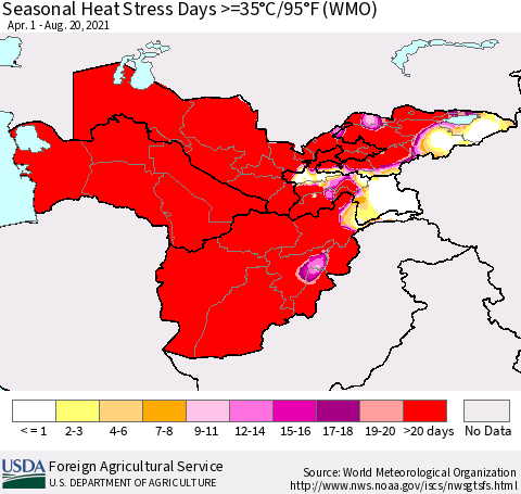 Central Asia Seasonal Heat Stress Days >=35°C/95°F (WMO) Thematic Map For 4/1/2021 - 8/20/2021