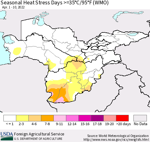 Central Asia Seasonal Heat Stress Days >=35°C/95°F (WMO) Thematic Map For 4/1/2022 - 4/10/2022