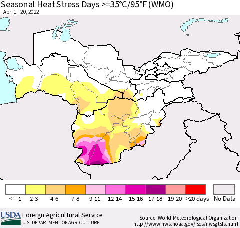 Central Asia Seasonal Heat Stress Days >=35°C/95°F (WMO) Thematic Map For 4/1/2022 - 4/20/2022
