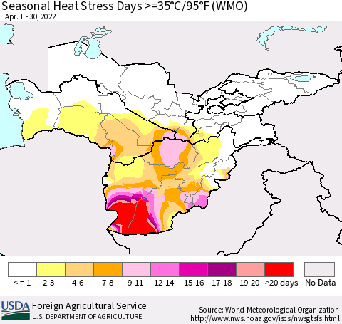 Central Asia Seasonal Heat Stress Days >=35°C/95°F (WMO) Thematic Map For 4/1/2022 - 4/30/2022