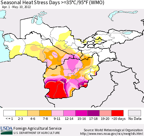 Central Asia Seasonal Heat Stress Days >=35°C/95°F (WMO) Thematic Map For 4/1/2022 - 5/10/2022