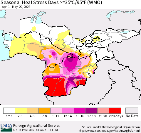 Central Asia Seasonal Heat Stress Days >=35°C/95°F (WMO) Thematic Map For 4/1/2022 - 5/20/2022