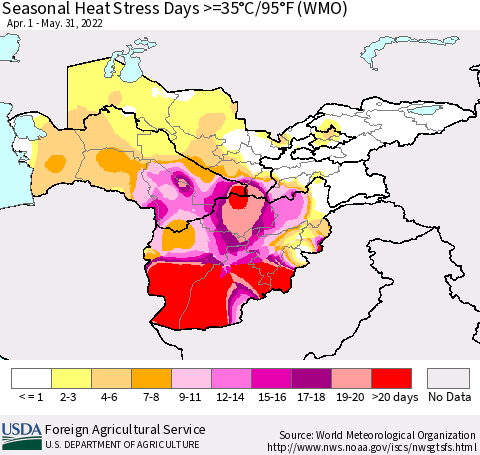 Central Asia Seasonal Heat Stress Days >=35°C/95°F (WMO) Thematic Map For 4/1/2022 - 5/31/2022