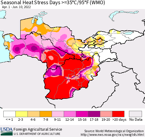 Central Asia Seasonal Heat Stress Days >=35°C/95°F (WMO) Thematic Map For 4/1/2022 - 6/10/2022