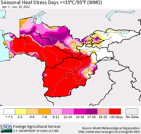 Central Asia Seasonal Heat Stress Days >=35°C/95°F (WMO) Thematic Map For 4/1/2022 - 6/20/2022